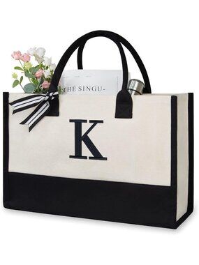 Personalized Initial Canvas Beach Tote Bag | Monogrammed Gift for Women
